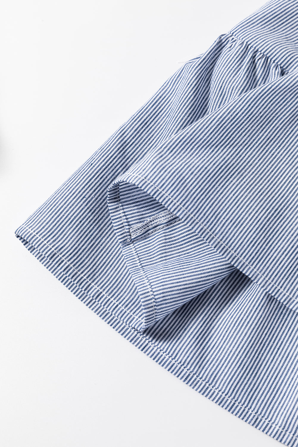 Sky Blue Stripe Bubble Sleeve Square Neck Ruched Pocketed Babydoll Dress