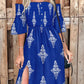 Graphic Print Off Shoulder Shirred Maxi Dress Bell Sleeve Split Flowy Dress