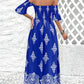 Graphic Print Off Shoulder Shirred Maxi Dress Bell Sleeve Split Flowy Dress