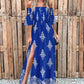 Graphic Print Off Shoulder Shirred Maxi Dress Bell Sleeve Split Flowy Dress