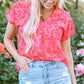 Pink Leopard V Neck Short Sleeve Blouse