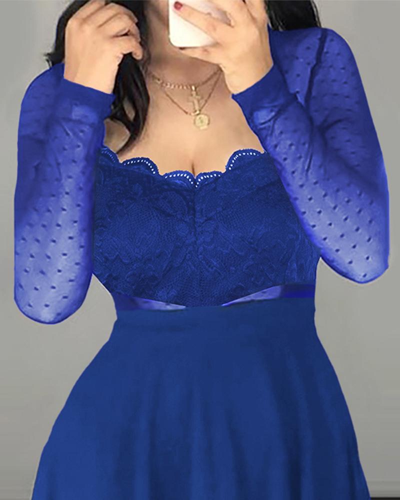 Dot Mesh Ruffles Long Sleeve Dress