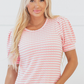 Pink Stripe Textured Puff Sleeve Crewneck Top