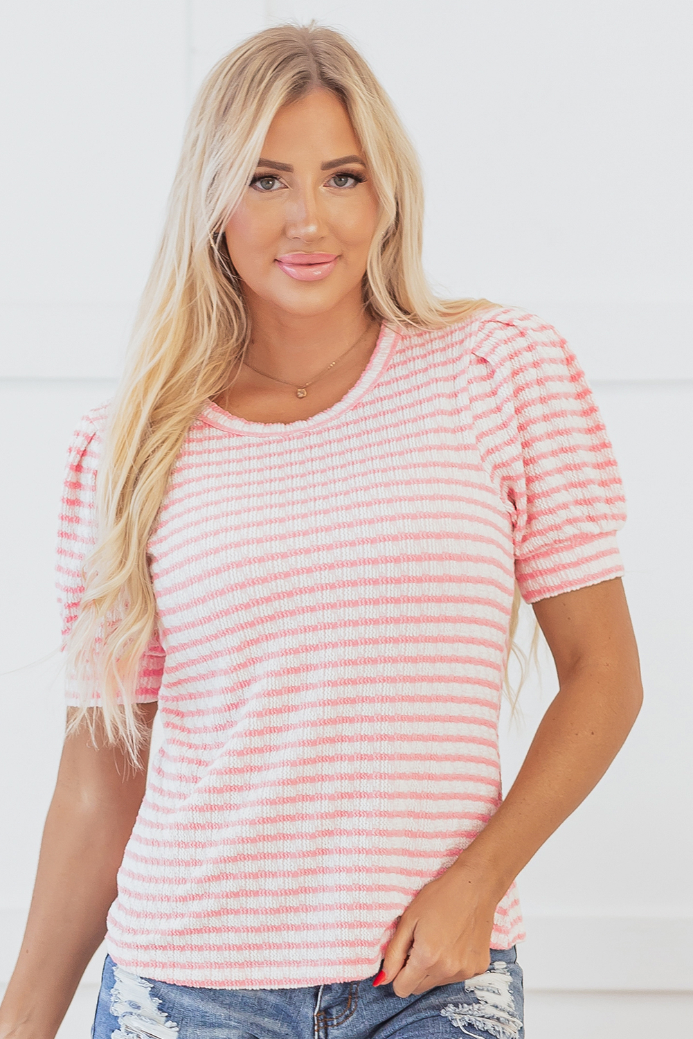 Pink Stripe Textured Puff Sleeve Crewneck Top