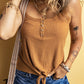 Straw Yellow Ribbed Front Knot Buttoned Thin Strap Tank Top