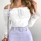 Off Shoulder Guipure Lace Frill Hem Drawstring Top