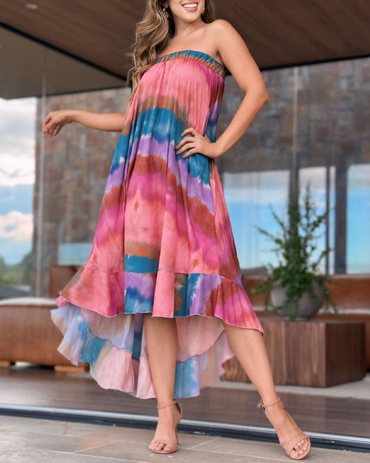 Floral Print Bandeau Sleeveless Ruffles Dress Casual Asymmetrical Vacation Dress