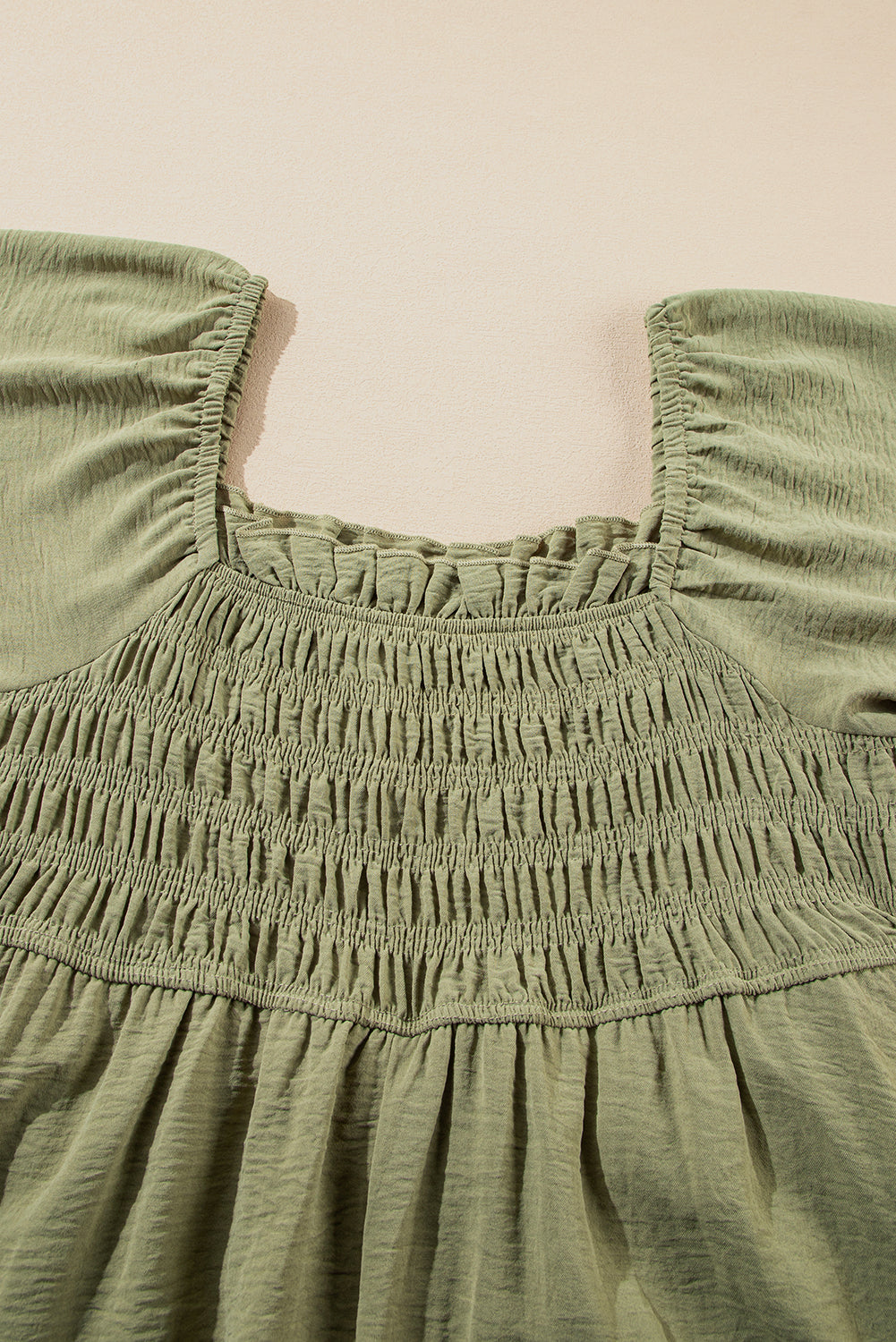 Grass Green Frilly Square Neck Flutter Sleeve Smocked High Waist Plus Size Dress