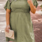 Grass Green Frilly Square Neck Flutter Sleeve Smocked High Waist Plus Size Dress