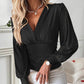 V Neck Eyelet Hollow out Ruched Lantern Sleeve Tee Casual Top