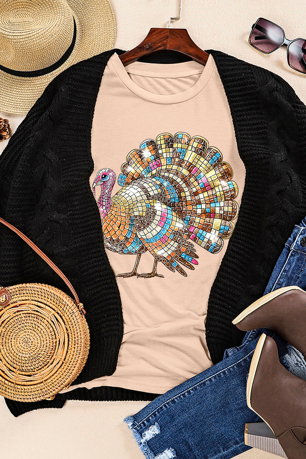 Khaki Heat Transfer Printing Thanksgiving Turkey Print Round Neck T Shirt