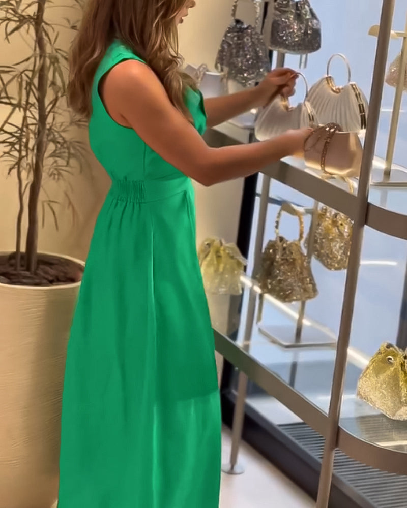 Sleeveless Turn Down Collar Maxi Dress Casual Waist A Line Ruched Dress