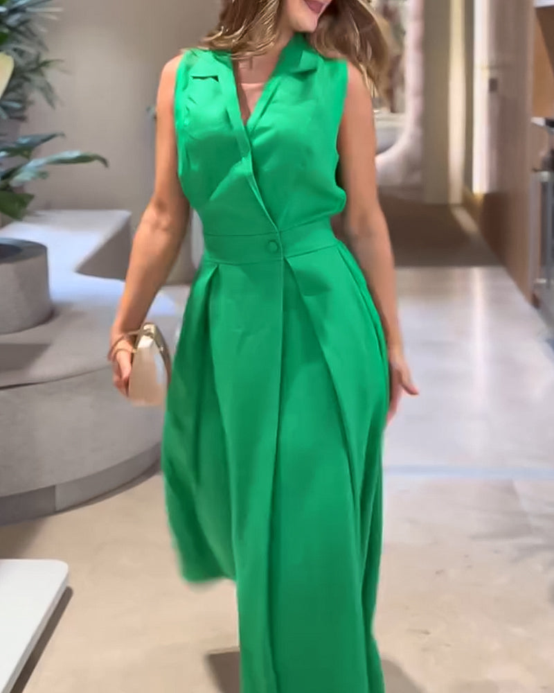 Sleeveless Turn Down Collar Maxi Dress Casual Waist A Line Ruched Dress