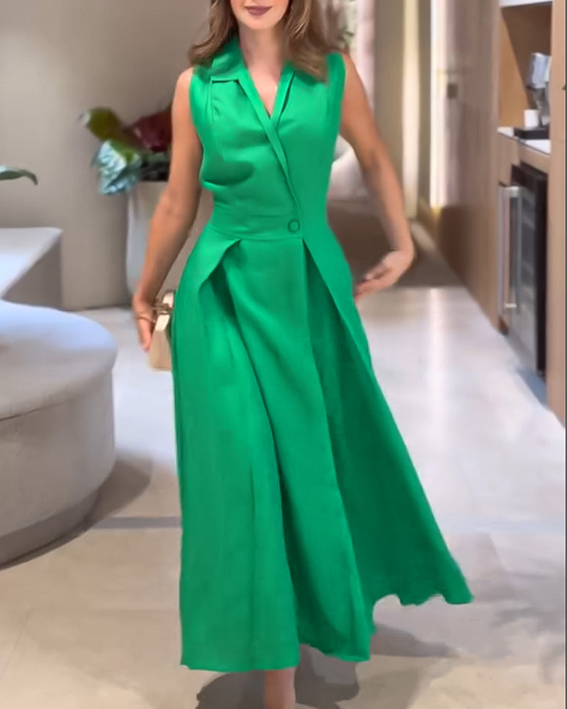 Sleeveless Turn Down Collar Maxi Dress Casual Waist A Line Ruched Dress