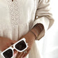 Notch Neck Long Sleeve Shirt Contrast Lace Loose Fit Casual Blouse