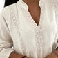 Notch Neck Long Sleeve Shirt Contrast Lace Loose Fit Casual Blouse