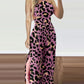Leopard Print Halter Sleeveless Jumpsuit Casual Backless Loose Fit Slit Rompers