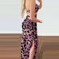 Leopard Print Halter Sleeveless Jumpsuit Casual Backless Loose Fit Slit Rompers