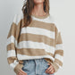Light French Beige Colorblock Striped Drop Shoulder Side Slit Sweater
