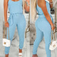 2 Piece U Neck Spaghetti Strap Top O Ring Belt Long Pants Ribbed Pants Set
