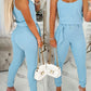 2 Piece U Neck Spaghetti Strap Top O Ring Belt Long Pants Ribbed Pants Set