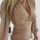 Plunge Neck Lantern Sleeve Ruched Long Sleeve Blouse Top