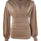 Plunge Neck Lantern Sleeve Ruched Long Sleeve Blouse Top