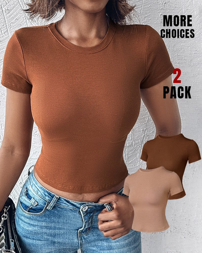 2 Pack O neck Short Sleeve Skinny Ribbed T Shirt