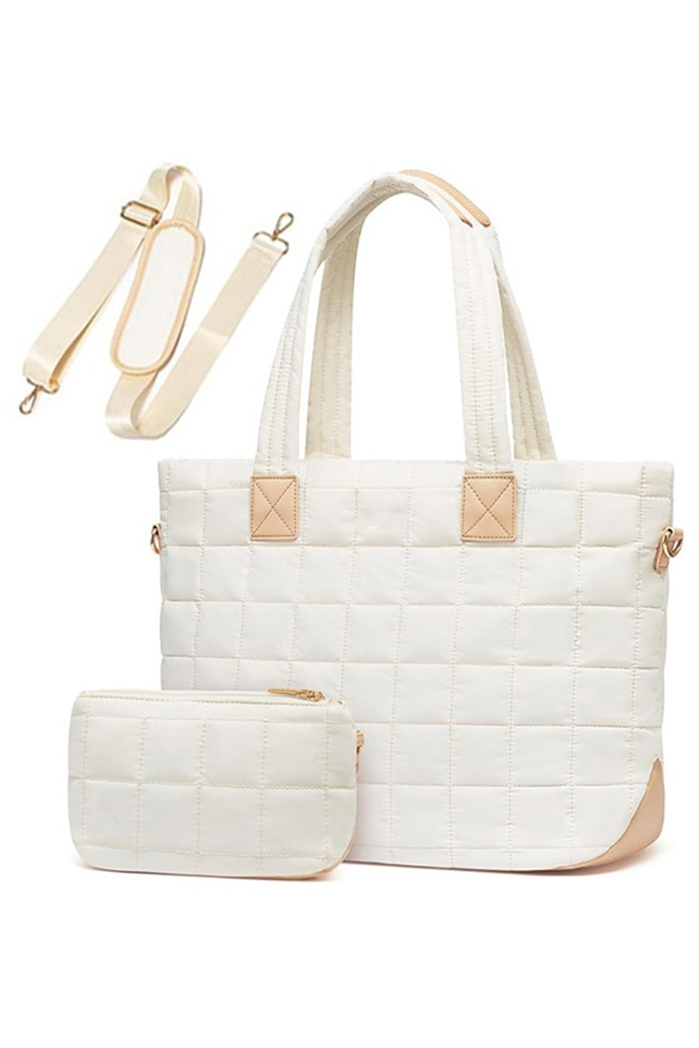 White Quilted Patchwork Large Tote Bag and Clutch 2pcs Set