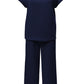Navy Blue Solid Color Textured Short Sleeve Top and Casual Pants Set