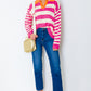 Rose Stripe Color Block Collared V Neck Drop Shoulder Sweater