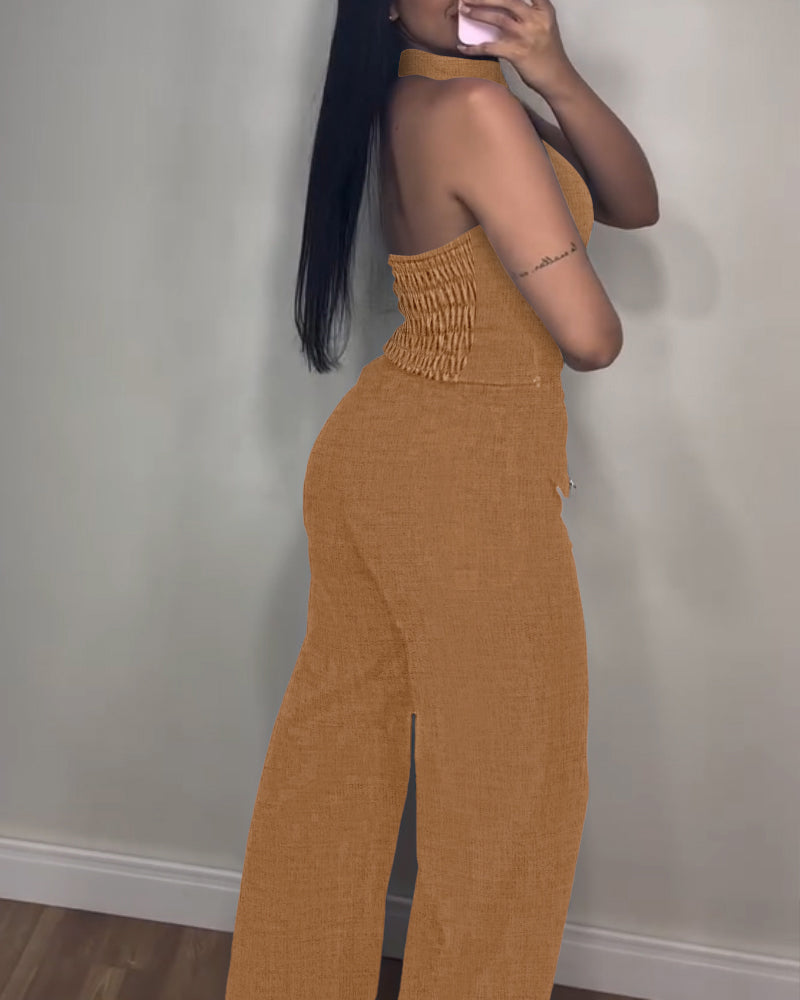 Mock Neck Sleeveless Petite Top with Casual Metal Button Decor Bootcut Pants Set