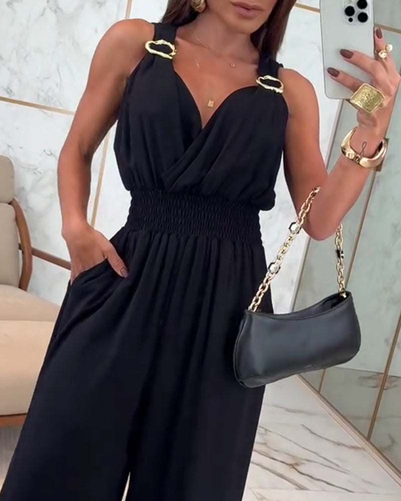 Plunge V Neck Metal Button Decor Thick Strap Jumpsuit Casual Waist Shirred Wide Leg Romper