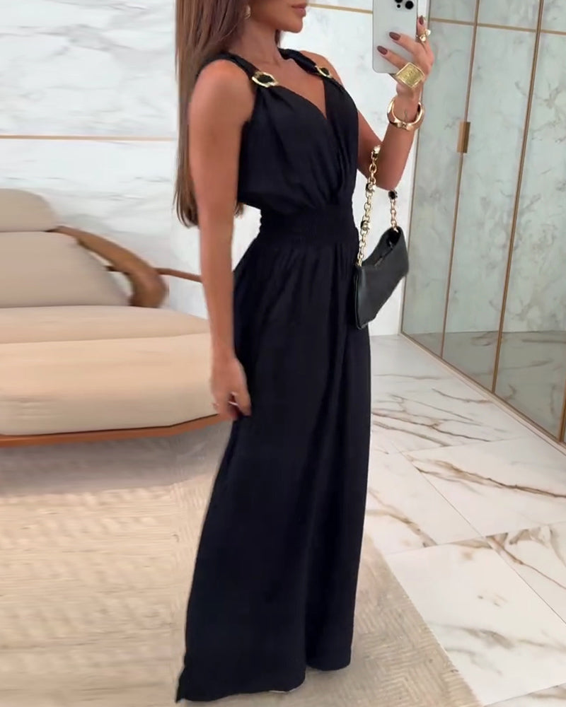 Plunge V Neck Metal Button Decor Thick Strap Jumpsuit Casual Waist Shirred Wide Leg Romper