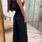 Plunge V Neck Metal Button Decor Thick Strap Jumpsuit Casual Waist Shirred Wide Leg Romper