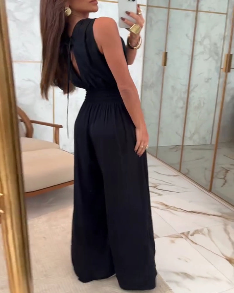 Plunge V Neck Metal Button Decor Thick Strap Jumpsuit Casual Waist Shirred Wide Leg Romper