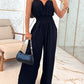 Plunge V Neck Metal Button Decor Thick Strap Jumpsuit Casual Waist Shirred Wide Leg Romper