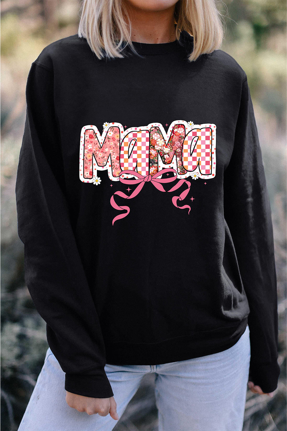 Black Floral Checkered Bow Printed Pullover Sweatshirt