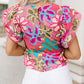 Multicolor Vibrant Floral Print Trimmed Ruffle Sleeve Blouse