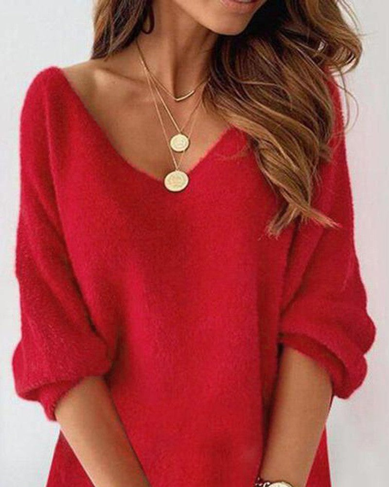 Plain V Neck Fluffy Casual Dress