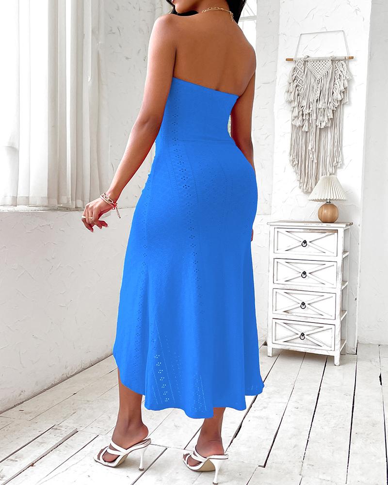 Eyelet Embroidery Bandeau Ruched Slit Casual Dress