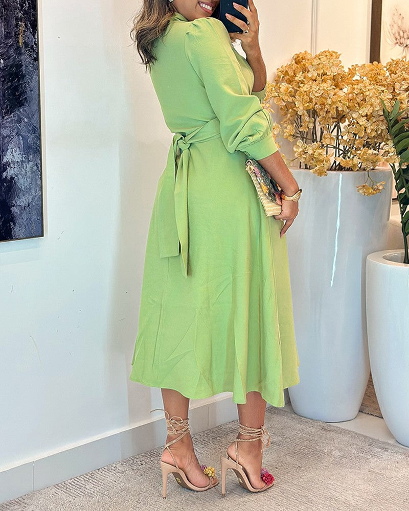 Turn down Collar Puff Sleeve Tied Detail Shirt Dress Casual Loose A Line Dress