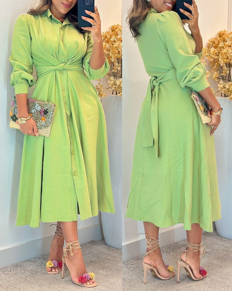 Turn down Collar Puff Sleeve Tied Detail Shirt Dress Casual Loose A Line Dress