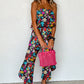 Red Mix Tropical Print Strapless Ruffled Jumpsuit