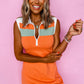 Russet Orange Colorblock Sleeveless Quarter Zip Collared Athletic Mini Dress