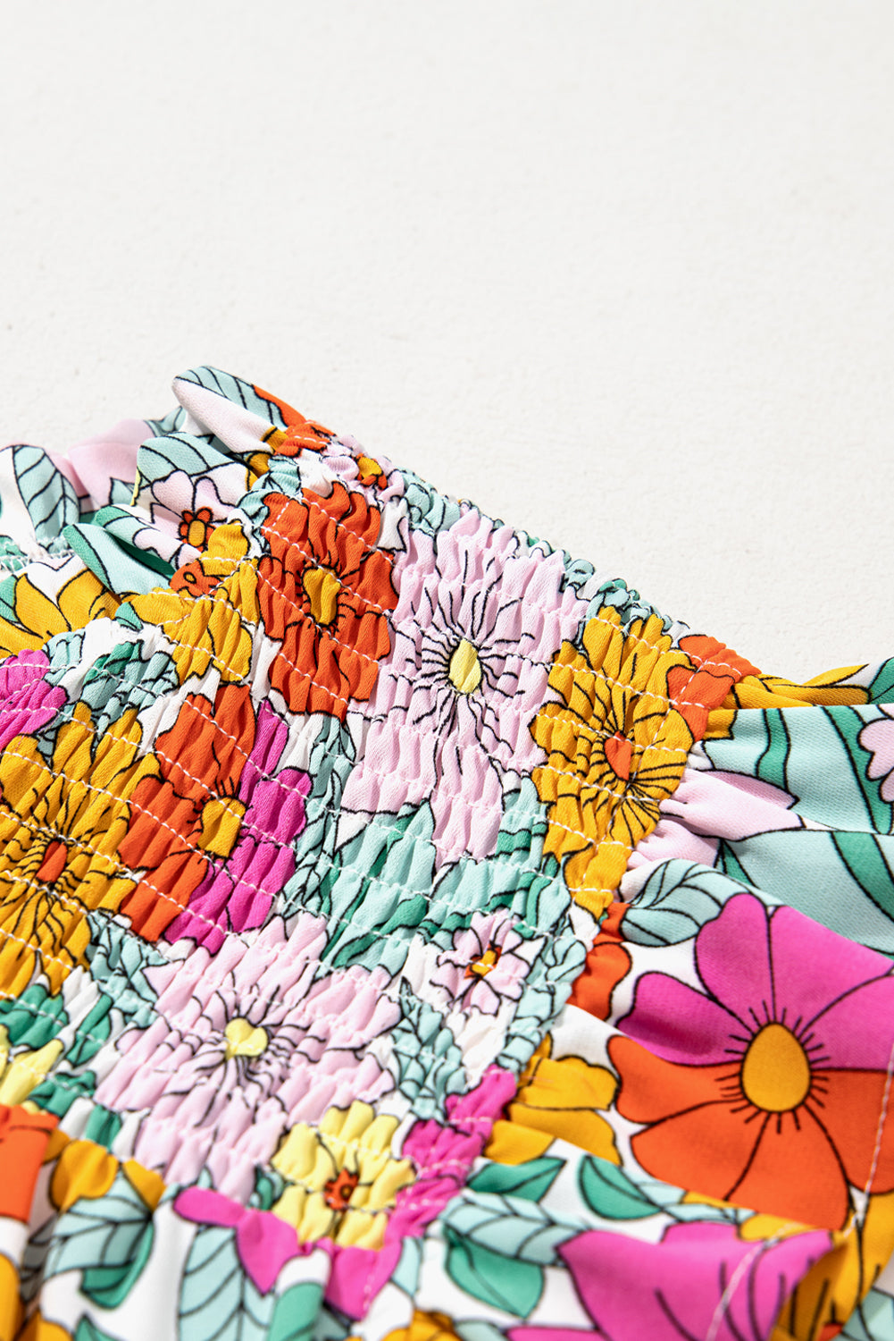 Sky Blue Floral Print Smocked Notch V Neck Flutter Sleeve Mini Dress