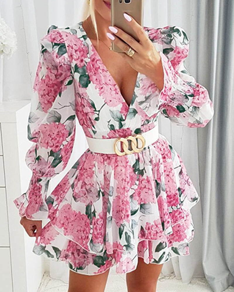 Floral Print Plunge V Neck Lantern Sleeve Mini Dress Casual A Line Flared Dress