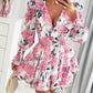 Floral Print Plunge V Neck Lantern Sleeve Mini Dress Casual A Line Flared Dress