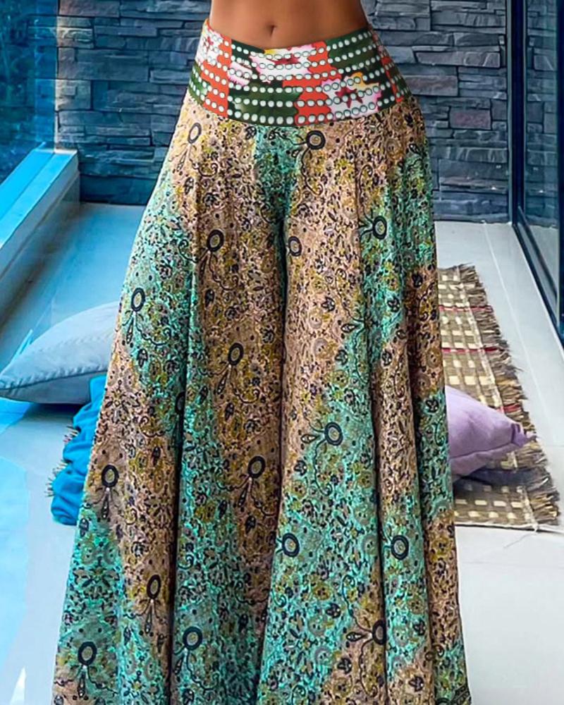 2 Piece Tribal Pattern V Neck Sleeveless Spaghetti Strap Crop Tank Shirred High Waist Wide Leg Pants Vacation Pants Set