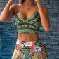 2 Piece Tribal Pattern V Neck Sleeveless Spaghetti Strap Crop Tank Shirred High Waist Wide Leg Pants Vacation Pants Set